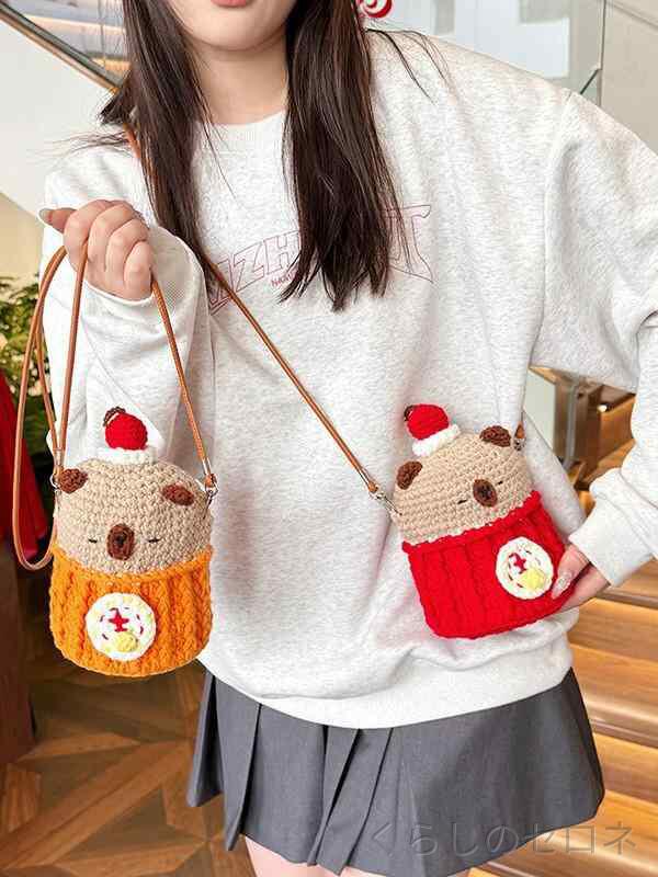 ショルダーバッグ 男女兼用 カピバラ柄 毛糸 手編み 大容量 スマホ収納 かわいい ...