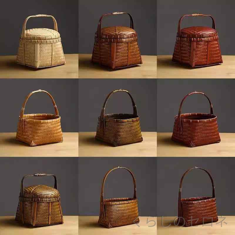 ・素材: 竹・加工: 手作業・模様: 無地・仕様: 小型竹籠,小型楕円形竹籠,中型竹籠無蓋（復古色）,中型竹籠無蓋（古紅色）,大型竹籠有蓋（復古色）,大型竹籠有蓋（復古紅）,大型竹籠有蓋（竹原色）,特大型正方形竹籠・スタイル: 復古