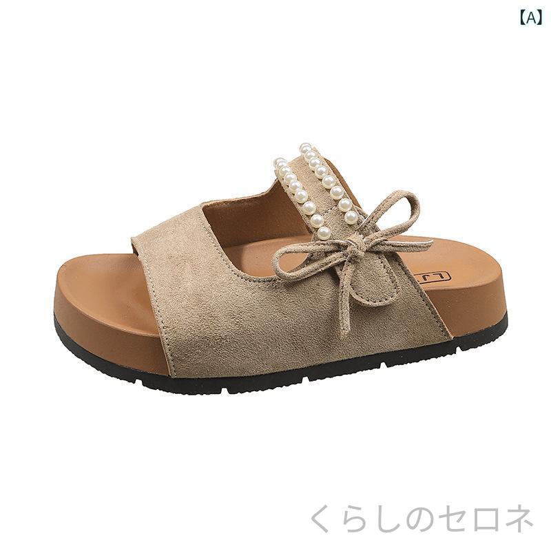 レディース サンダル パール リボン コンフォートサンダル ワンストラップ スリッ...