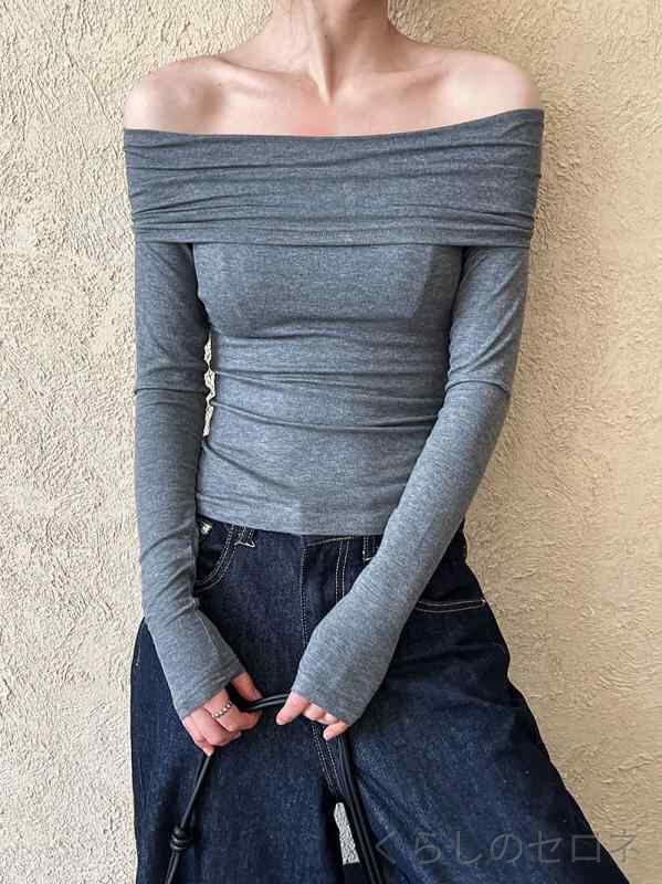 レディース Tシャツ カットソー オフショルダー 肩出し 長袖 タイト スリム フィット インナー 無地 セクシー 細見え 着痩せ スタイルアップ 大人可愛い きれいめ カジュアル シンプル ストレッチ 春 秋 冬