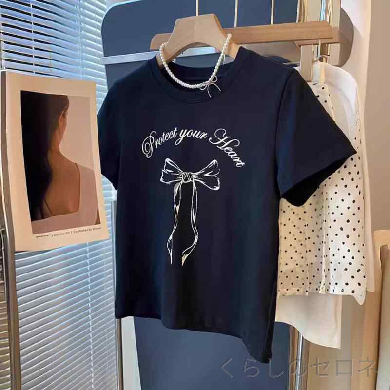 Tシャツ レディース 春夏 ガーリー リボン 花柄 プリント 純綿 軽量 吸湿速乾 ホワイト 半袖 正肩 カジュアル トップス かわいい ソフト素材 快適 日常着 通学 お出かけ スタイル