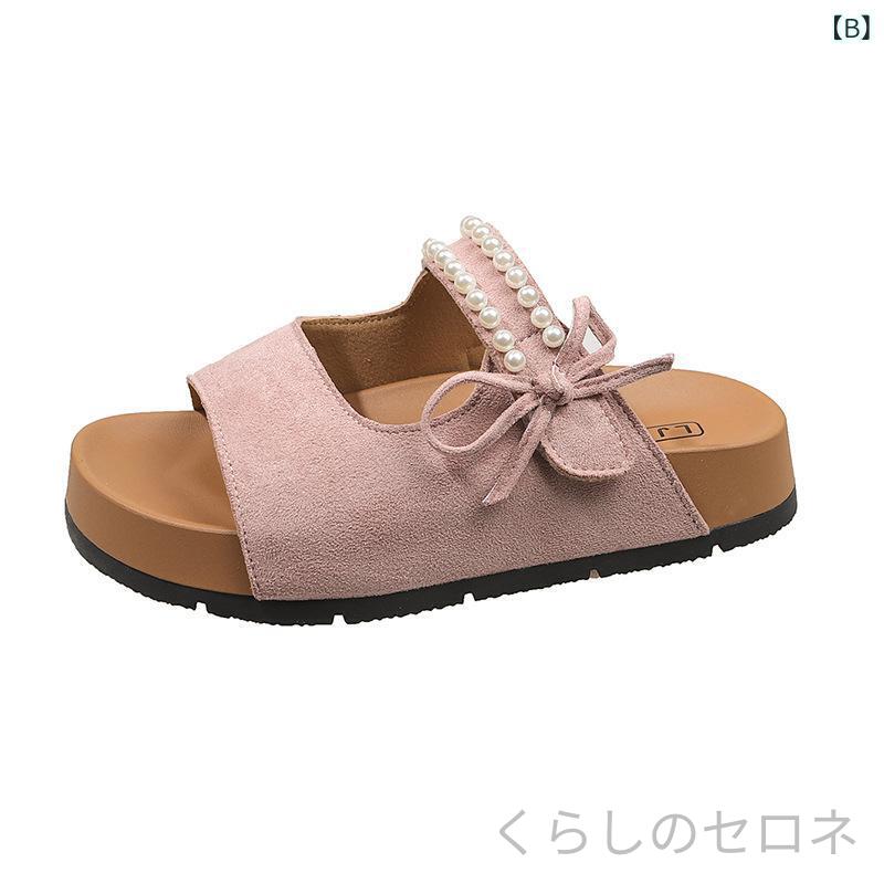 レディース サンダル パール リボン コンフォートサンダル ワンストラップ スリッ...