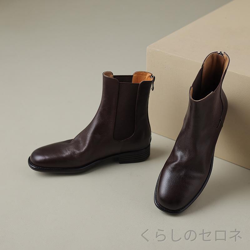 レディース ショートブーツ チェルシーブーツ 本革 レザー ラウンドトゥ バックファスナー ローヒール 履きやすい 歩…