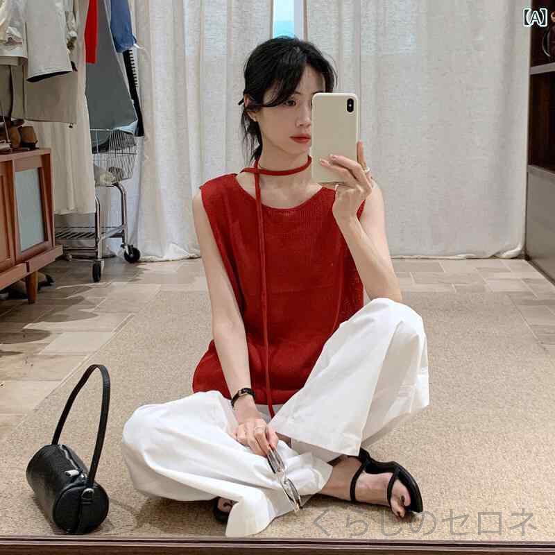 レディース ベスト ジレ ニットベスト リネン 麻 ウエストマーク シンプル 細見え ...