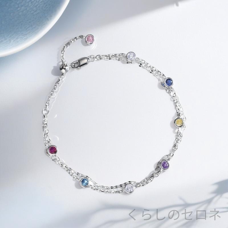 ブレスレット レディース 925シルバー 二層 気泡 虹色 カラージルコニア 調整可能 ...