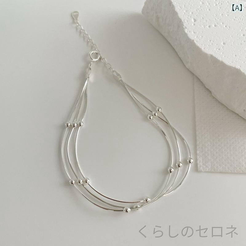 ブレスレット レディース 925シルバー 三連 蛇骨チェーン ビーズ間 シンプル 重ね...
