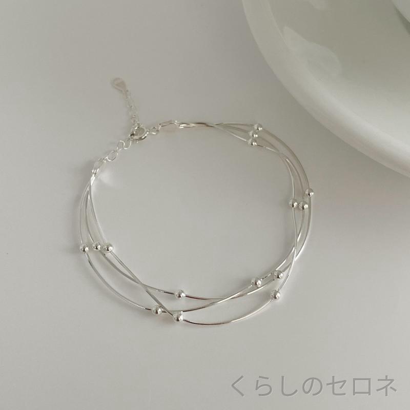 ブレスレット レディース 925シルバー 三連 蛇骨チェーン ビーズ間 シンプル 重ね...