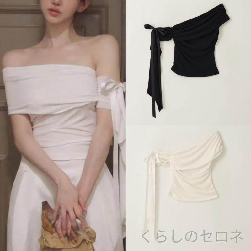 ・素材: コットン・主素材含有率: 80%～90%・スタイル: プルオーバー・袖丈: 短袖・加工: しわ加工・フィット: スリム・着丈: 普通 (50～65cm)・首元: 斜め領・袖形状: 通常袖・柄: 無地・カラー: 黒,白・サイズ: S,M