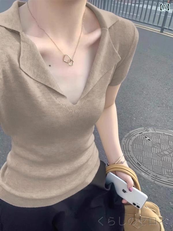レディース ポロシャツ 半袖 ニット Tシャツ 接触冷感 Vネック ポロ襟 スリム 美シ...