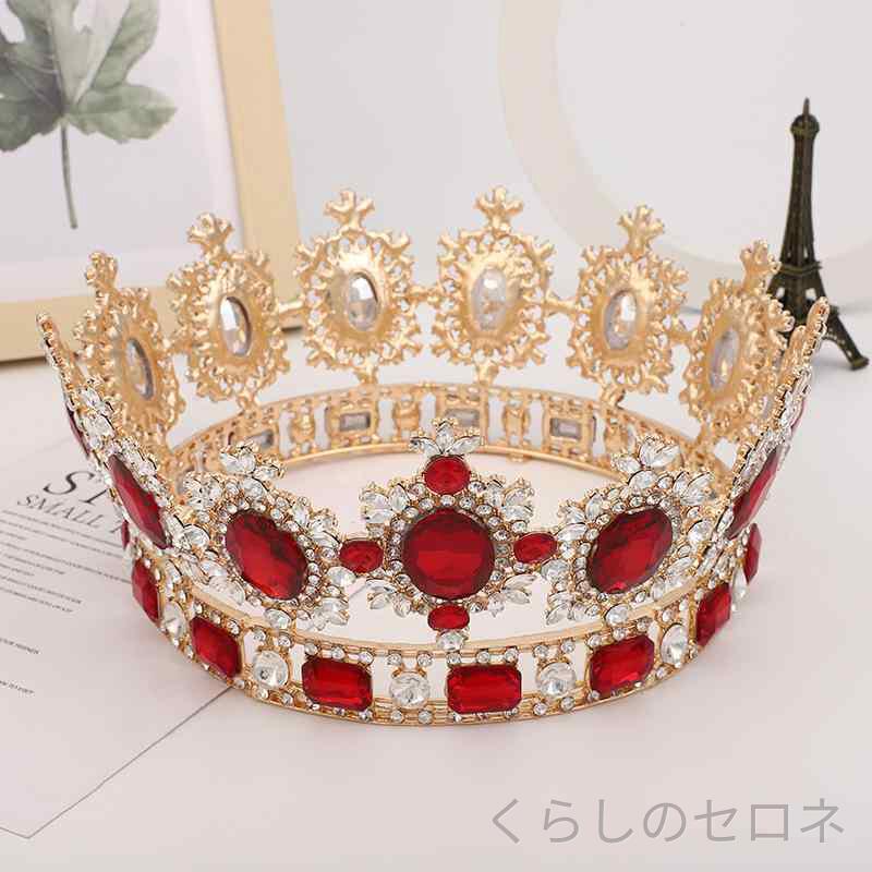 ・素材: 合金・スタイル: 欧米・対象: 女性・形状: 王冠型・加工: ストーンインレイ・色: ゴールド, 赤