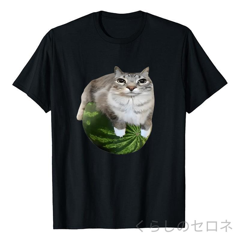 Tシャツ レディース スイカ猫プリント ゆったり カジュアル スポーツ 短袖 トップス 日常使い かわいい デザイン 半袖 ルーズフィット アクティブウェア ストリートファッション コットン調 軽量 通勤 通学 部屋着