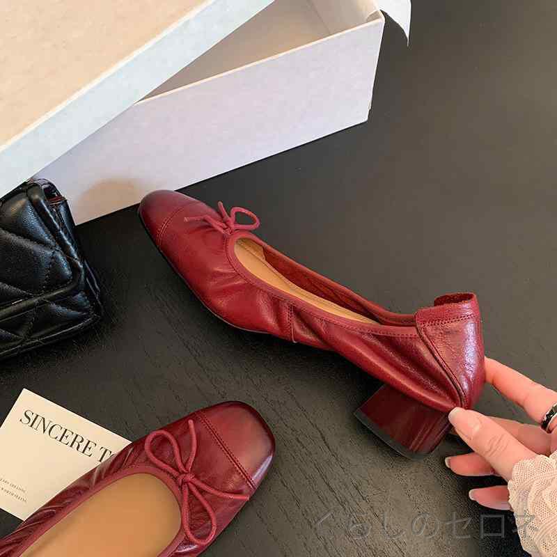 レディース パンプス 本革 牛革 レザー チャンキーヒール 太ヒール ミドルヒール ラウンドトゥ リボン 柔らかい 履き…