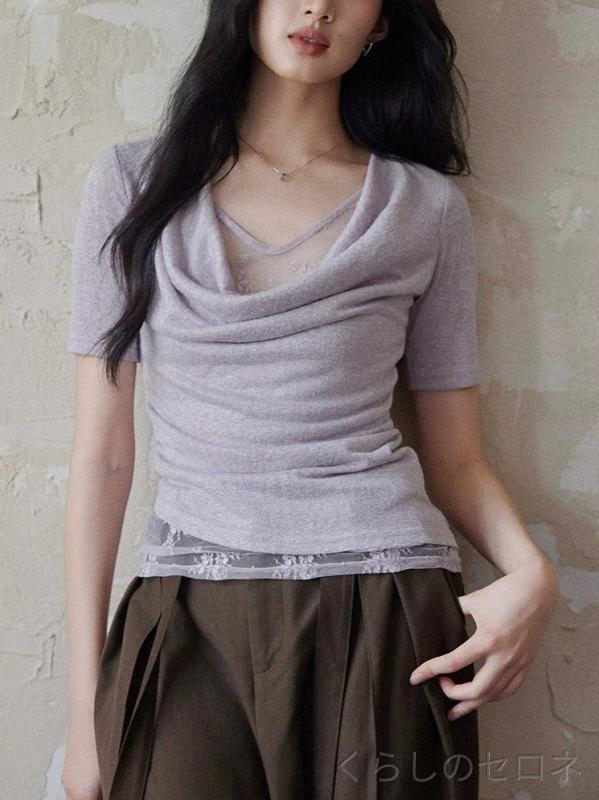 レディース Tシャツ 半袖 トップス ニット レース フェイクレイヤード ドレープネック ウエストシェイプ 上品 きれい…