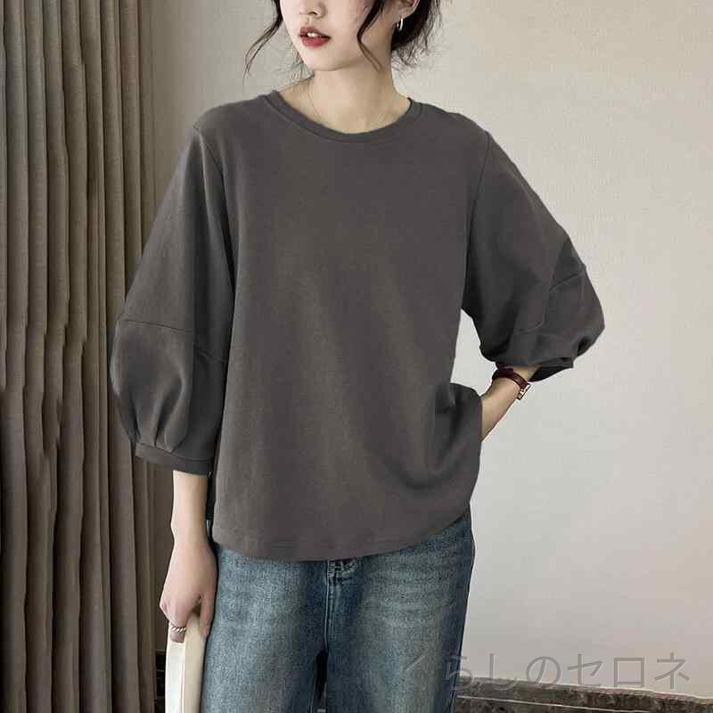 Tシャツ レディース 春夏 レトロ 灯籠袖 七分袖 カジュアル トップス ベーシック 日常使い 軽やか 吸湿速乾 綿素材 ブラック ピンク系