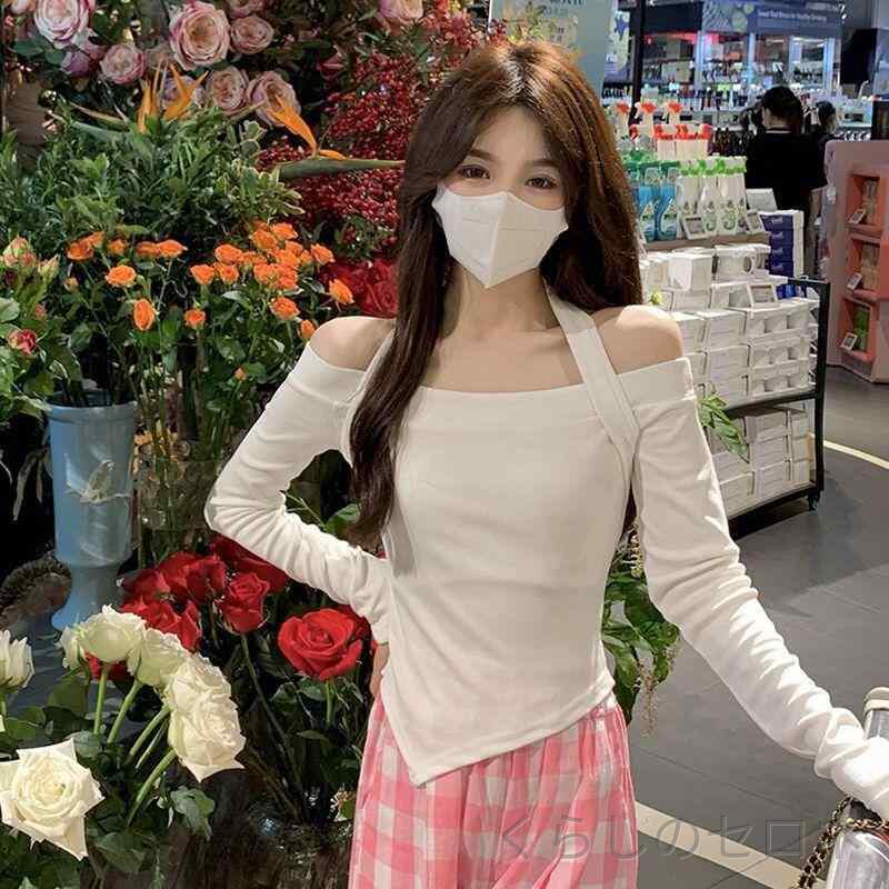 トップス レディース 春夏 ハングネック オフショルダー 長袖Tシャツ アシンメトリ...