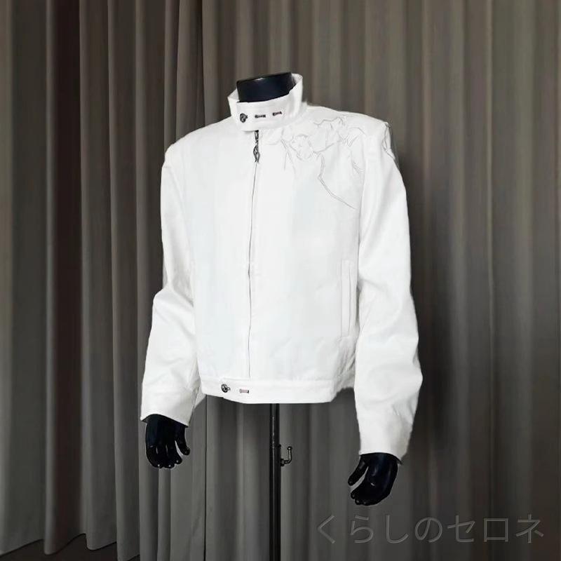 ベースボールジャケット メンズ 秋冬 ブラック 肩パッド スタンドカラー 棘モチーフ アメリカンスタイル ハイストリート トレンドアウター