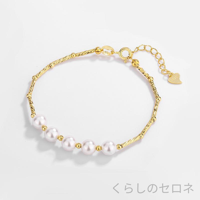ブレスレット レディース 真珠 ビーズ S925 純銀 調整可能 シンプル 手首アクセサ...