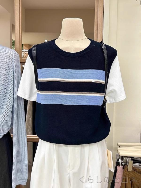 レディース Tシャツ サマーニット 半袖 ストライプ レイヤード風 接触冷感 ショート丈 肩ライン ゆったり 薄手 韓国…