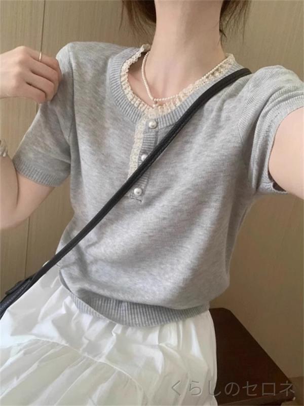レディース Tシャツ サマーニット 半袖 フレンチスタイル レース フリル ニットソー トップス 低身長向け 高見え 上品 大人可愛い きれいめ カジュアル フェミニン グレー 春 夏