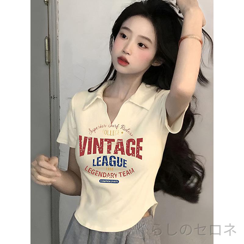 レディース ポロシャツ Tシャツ Vネック 半袖 ショート丈 ウエストマーク ラウンドヘム タイト 細見え スタイルアッ…