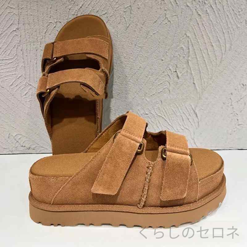 春夏 レディース 厚底サンダル マジックテープ バックル 本革 オープントゥ プラッ...