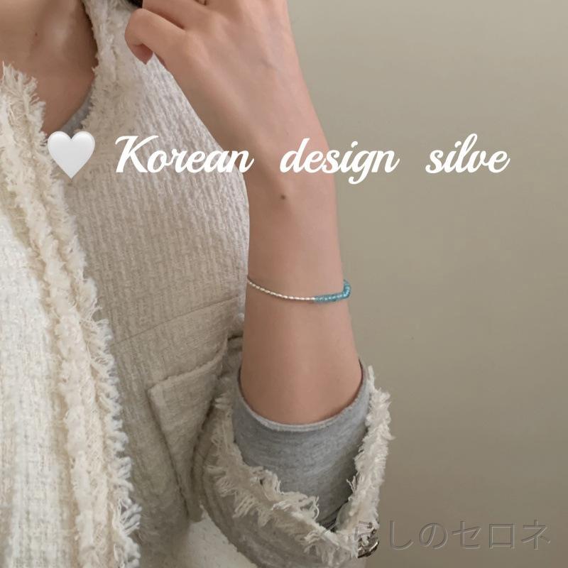 ブレスレット ユニセックス 純銀 アクアマリン 楕円銀珠 手作りアクセサリー デザイン 個性 シンプル ミニマル ジュエリー ハンドメイド アクア ブルー スタイリッシュ アクセント