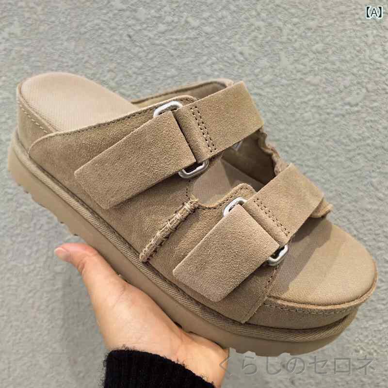 春夏 レディース 厚底サンダル マジックテープ バックル 本革 オープントゥ プラッ...