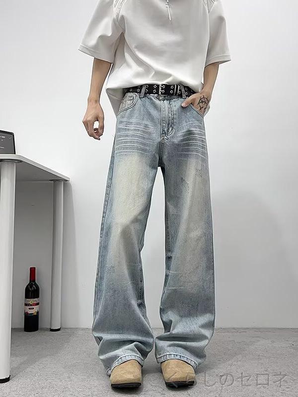 ・タイプ: ストレートパンツ・生地: デニム・主成分: コットン80-90%・色: ブルー・サイズ: S,M,L,XL,2XL,3XL・スタイル: ストリート・パンツ丈: ロング・腰位置: 中腰・前立て: ボタン・厚み: 普通・伸縮性: 微弾性・裾形状: ストレート・加工: 水洗,ノーアイロン・性別: メンズ・対象年齢: 成人