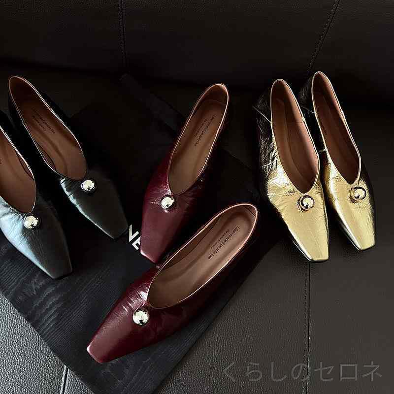 レディース パンプス グローブシューズ 太ヒール チャンキーヒール ローヒール 本革 羊革 シープスキン ゴールドパー…