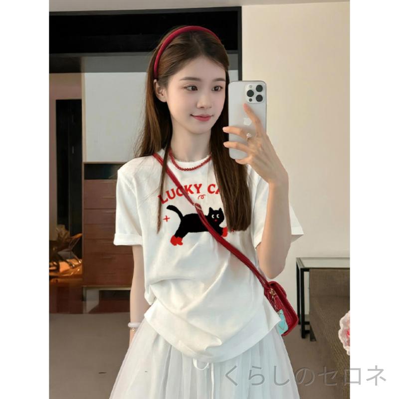 レディース 春夏 Tシャツ ゆったり 猫プリント クルーネック 綿 半袖 インナー トップス かわいい 柄 クール スタイリッシュ カジュアル 部屋着 通勤 軽量 吸湿速乾