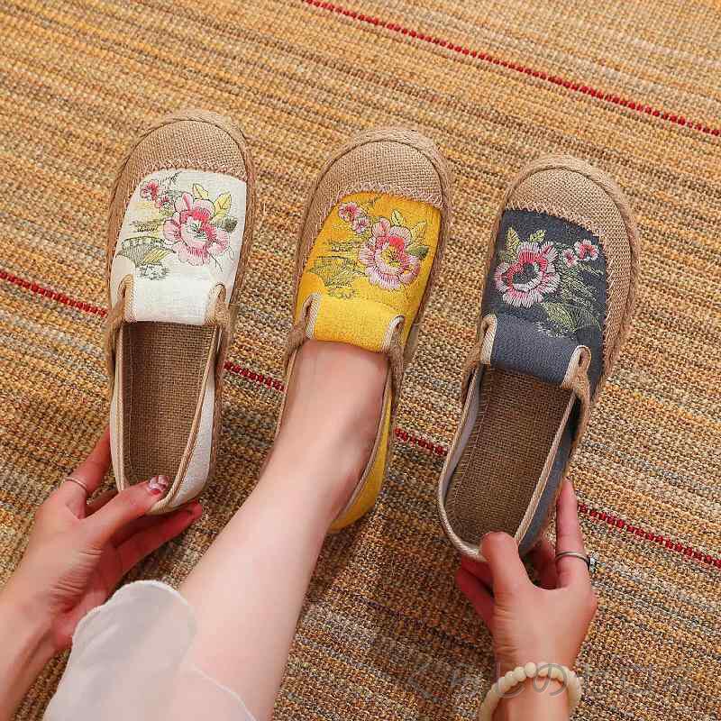 レディース スリッポン エスパドリーユ 刺繍 麻 リネン キャンバス 布靴 ぺたんこ フラットシューズ 柔らかい 屈曲性 滑り止め 楽ちん 疲れにくい 上品 カジュアル シニア ママシューズ 普段使い 春夏 celone-10248448 くらしのセロネ パッケージ画像