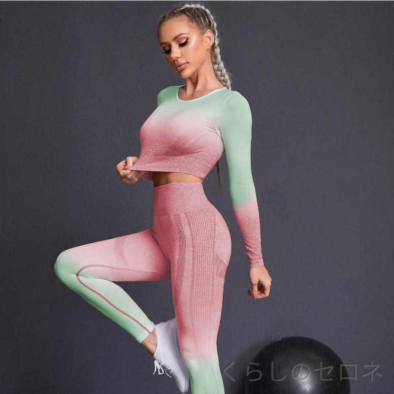 ヨガパンツ レディース 秋冬 グラデーション タイダイ タイトフィット ロングスリーブ ロングパンツ ランニング フィットネス ジムウェア ストレッチ 吸湿速乾 セット