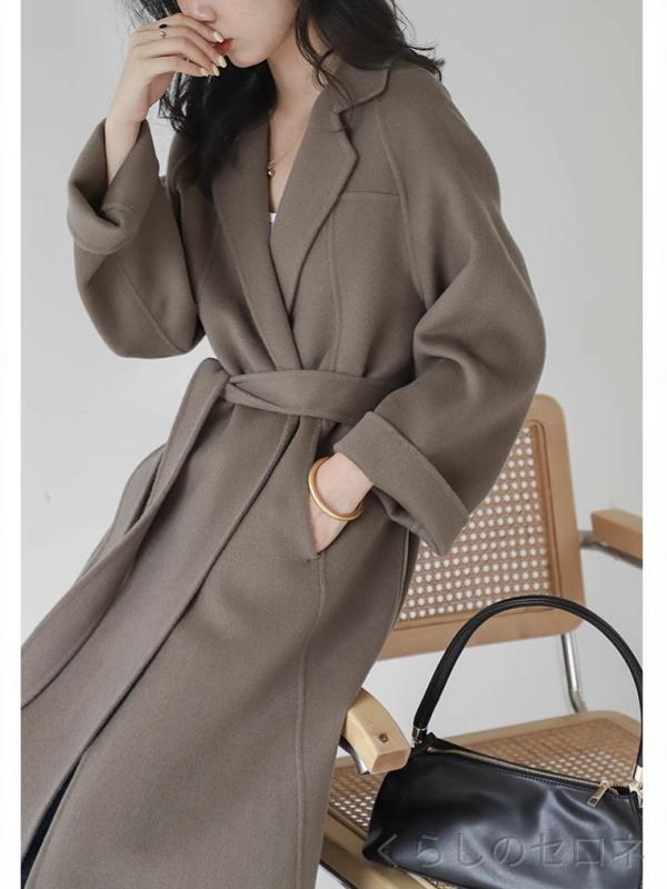レディース ロングコート アウター ダブルフェイス ウール カシミヤ混 ロング丈 膝下丈 オーバーサイズ ゆったり 高級 上品 高見え きれいめ カジュアル ラフ 体型カバー 通勤 秋冬