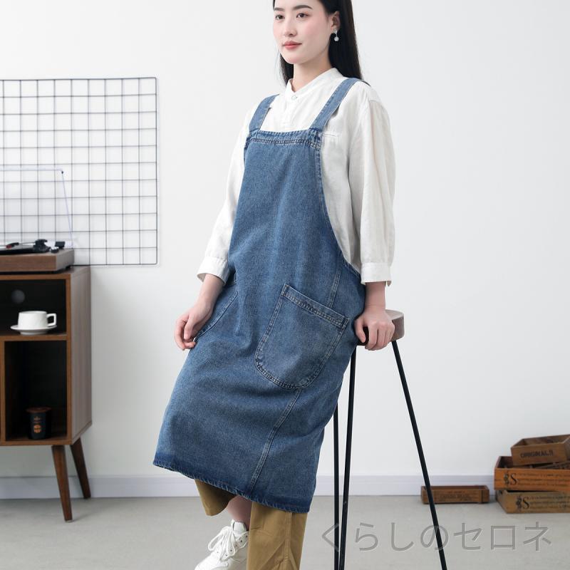 男女兼用 エプロン デニム 綿100% ウォッシュ加工 バッククロス 色落ちしにくい 防...