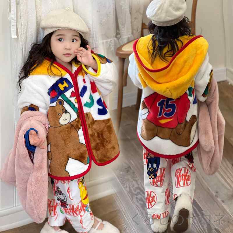 キッズ 秋冬 フリースジャケット かわいい 熊柄 ジッパー付き 軽量 暖か 子供服 日...