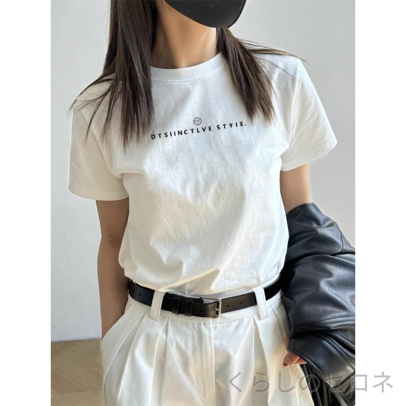 Tシャツ レディース トップス 短袖 綿 春夏 ルーズ スリム見え カジュアル 快適 ベースレイヤー ホワイト アルファベットプリント ミニマリスト
