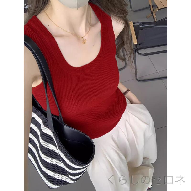 レディース キャミソール Uネック 赤 肌白見せ 無袖 春夏 外穿 脇肉収め 修身 スリムフィット ベースレイヤー タンクトップ インナー トップス