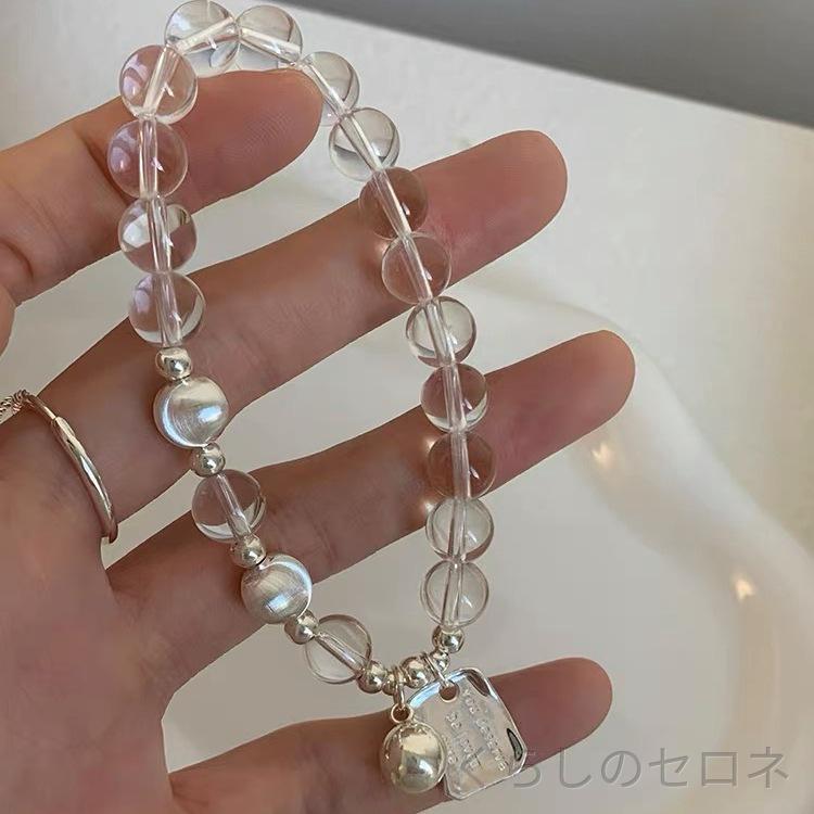 レディース ブレスレット 純銀 白水晶 猫眼石 丸ビーズ 手串 シンプル スタイリッ...