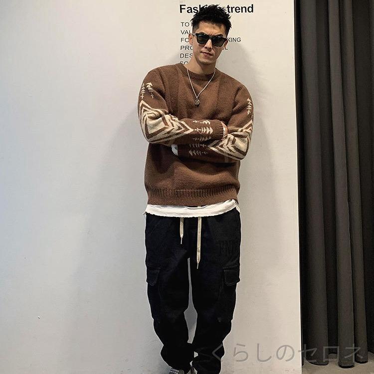 ・首元: クルーネック・袖丈: 長袖・シルエット: ルーズ・厚み: 普通・スタイル: エスニック・ディテール: 提花・用途: カジュアル・素材: ポリエステル40%・色: ブラック,ブラウン・サイズ: M,L,XL,2XL,3XL・加工: ノーアイロン・性別: メンズ・対象年齢: 成人