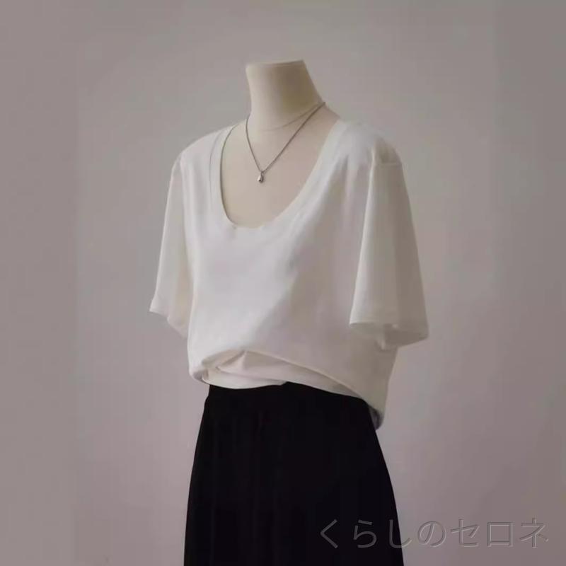 Tシャツ レディース Uネック 鎖骨見せ ホワイト 短袖 春夏 ゆったり カジュアル スリム効果 インナー ラフスタイル トップス 接触冷感 吸湿速乾 軽量