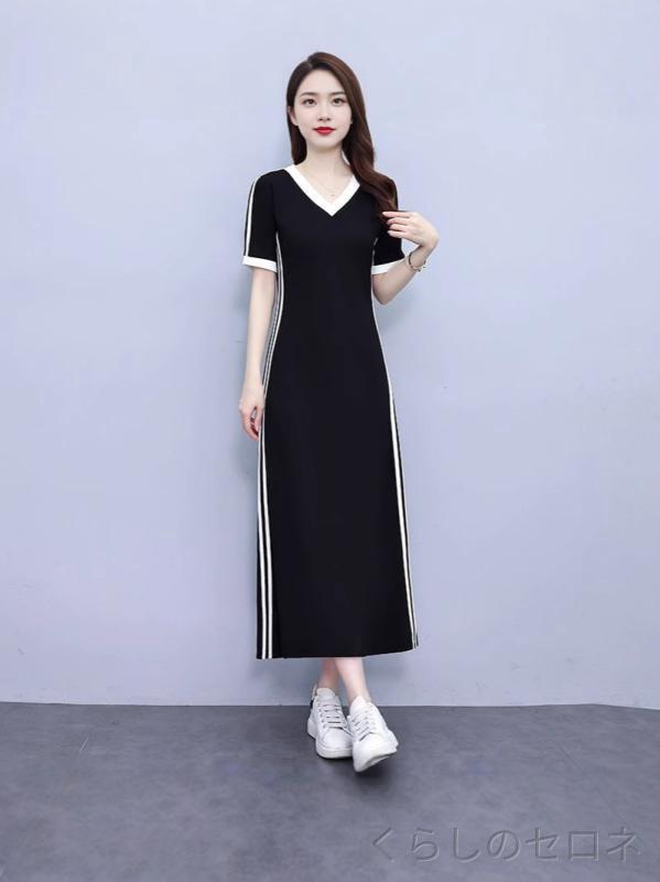 レディース ワンピース Vネック 半袖 ロング丈 Aライン 切り替え ウエストマーク 細見え 上品 高見え きれいめ フレ…