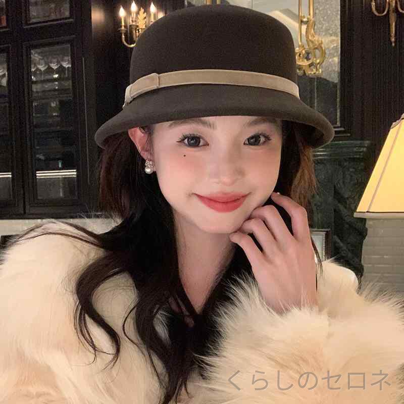 レディース 帽子 バケットハット ハット ウール100% リボン 小顔効果 クラシック ...