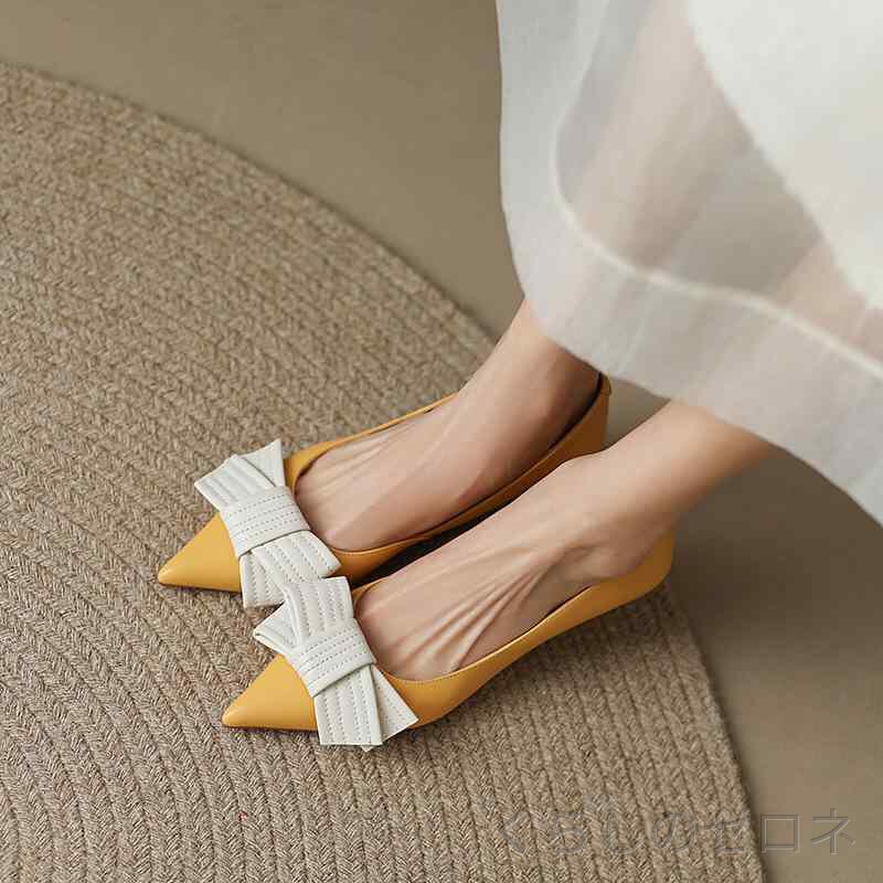 レディース パンプス キトゥンヒール ミドルヒール 本革 ラムレザー リボン 浅め ポインテッドトゥ 上品 エレガント …