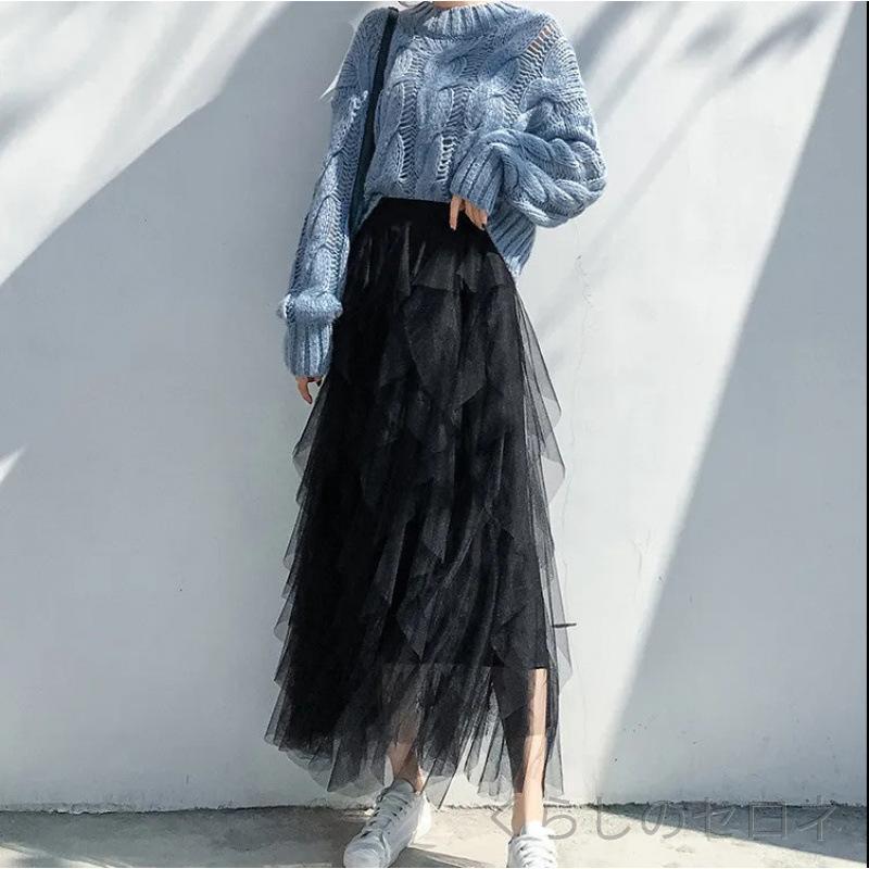 レディース スカート チュールスカート ティアードスカート ロング丈 プリーツ ボリューム 揺れ感 エアリー フリンジ 華やか 上品 大人可愛い フェミニン きれいめ お洒落 春 夏 秋