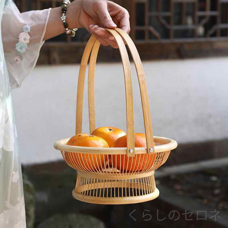 竹かご 手提げかご 中式復古 丸型 透かし彫り竹編み 二層構造 花かご 古風 漢服 写真用 インテリア ギフト