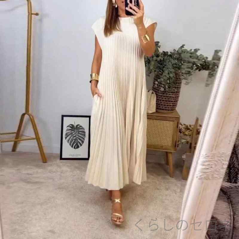 レディース ワンピース プリーツ ロング丈 クルーネック ノースリーブ 上品 きれいめ 高見え 大人可愛い 夏 お呼ばれ リゾート 二次会 マキシ丈 体型カバー 楽ちん 涼しい