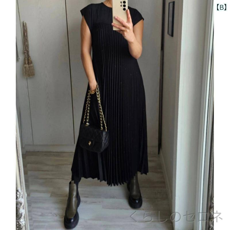 レディース ワンピース プリーツ ロング丈 クルーネック ノースリーブ 上品 きれい...