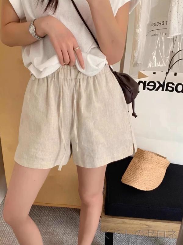 レディース ショートパンツ ハーフパンツ ボトムス リネン 麻 Aライン ストレート ウエストゴム ドローストリング シ…