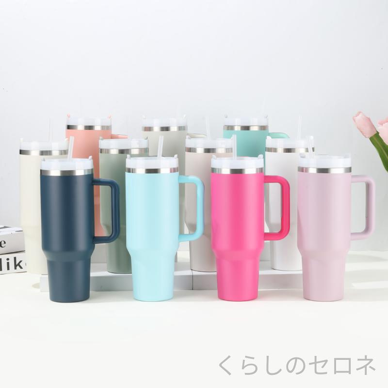 男女兼用 タンブラー 大容量 40oz 1.2L ストロー付き 真空断熱 二重構造 保温 保冷...