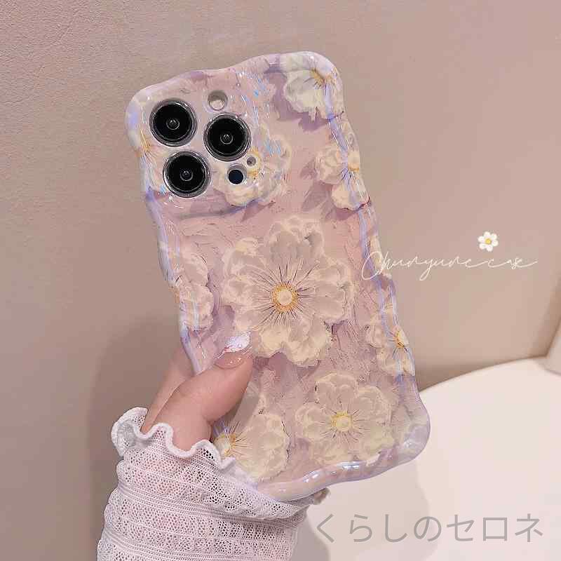 レディース iPhoneケース スマホケース iPhone16Pro iPhone17ProMax 対応 油絵風 花柄 ブルーライト 反射 光沢 ストラップ付き 落下防止 首掛け 紐 大人可愛い おしゃれ 上品 フラワー デザイン かわいい